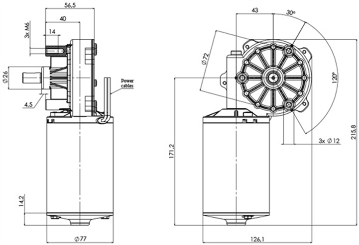 Technische Zeichnung GMR-77-43-Z1-A DC-Getriebemotoren Durchmesser 77 - Radstand 43 - Elvi