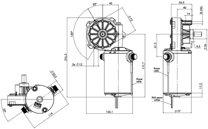 Technische Zeichnung GML-77-43-Z3-X-H DC-Getriebemotoren Durchmesser 77 - Radstand 43 - Elvi