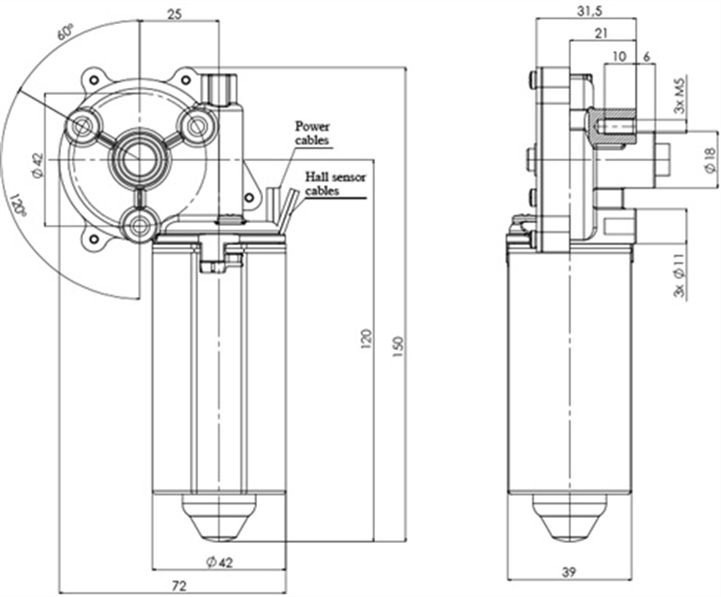 Technische Zeichnung GML-42-25-Z4- H DC-Getriebemotoren Durchmesser 42 Radstand 25 - Elvi