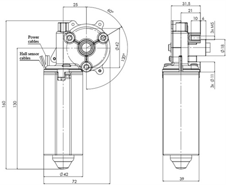 Technische Zeichnung GMR-42-P-25-Z3-H DC-Getriebemotoren Durchmesser 42 Radstand 25 - Elvi