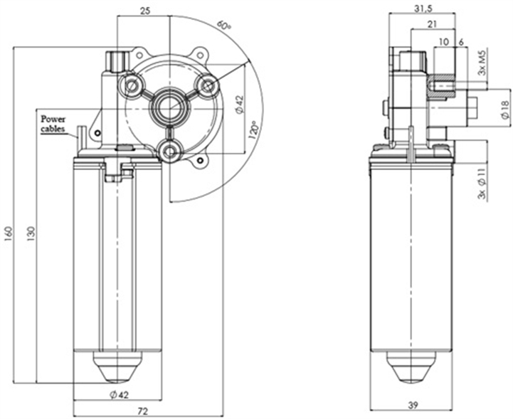 Technische Zeichnung GMR-42-P-25-Z3 DC-Getriebemotoren Durchmesser 42 Radstand 25 - Elvi