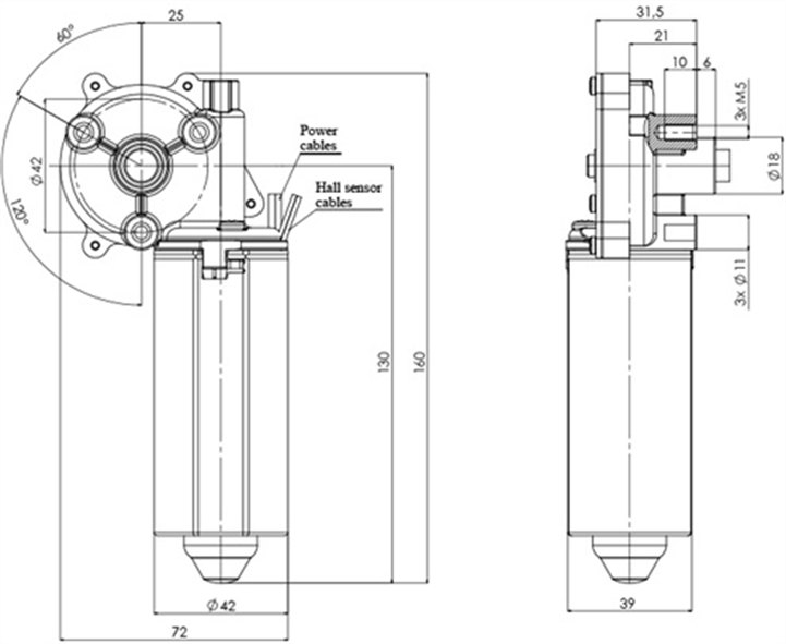 Technische Zeichnung GML-42-P-25-Z3-H DC-Getriebemotoren Durchmesser 42 Radstand 25 - Elvi