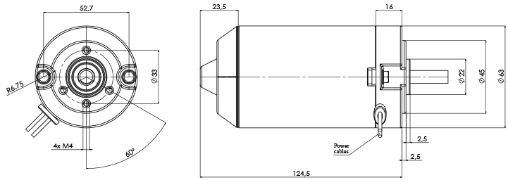 Technische Zeichnung M-63-P Elektromotor DC Durchmesser 63 -Elvi