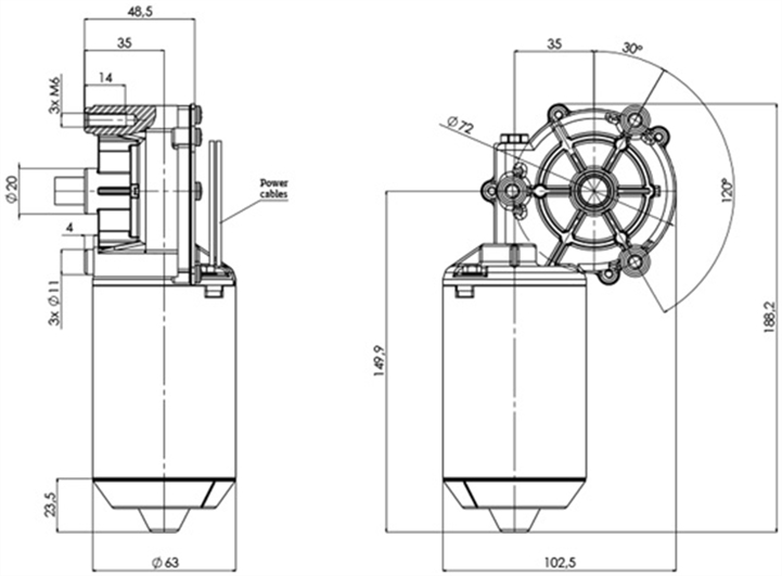 Technische Zeichnung GMR-63-P-35-Z1-A DC-Getriebemotor Durchmesser 63 Radstand 35 - Elvi