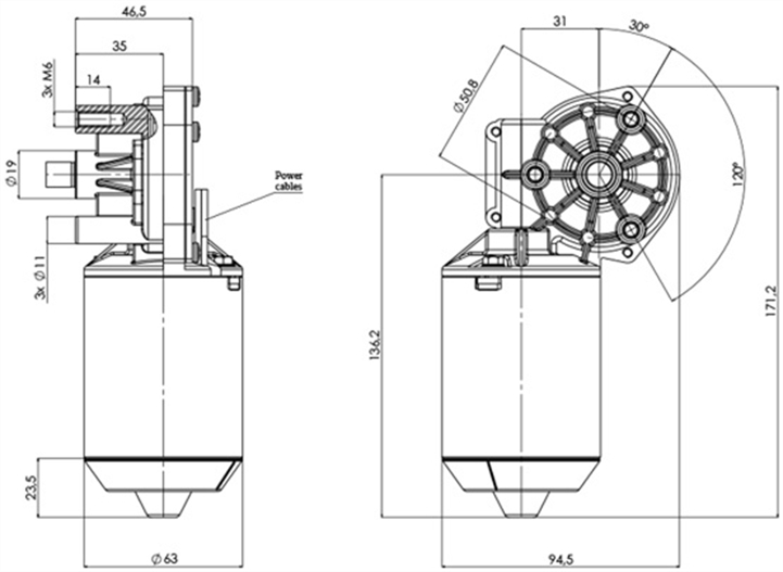 Technische Zeichnung GMR-63-31-Z2 DC-Getriebemotoren Durchmesser 63 Radstand 31 - Elvi