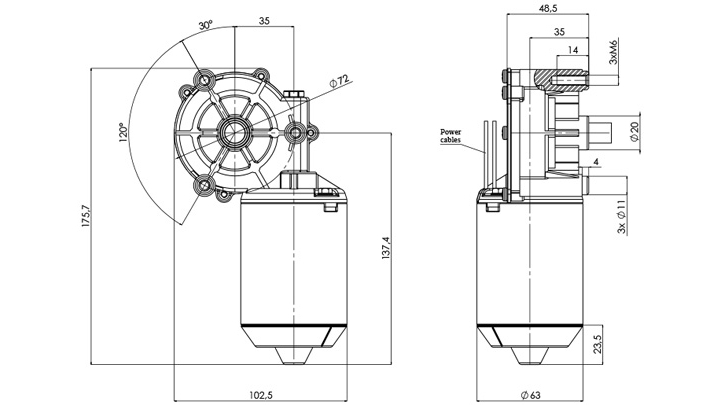 Technische Zeichnung GMR-63-35-Z4-H - DC-Getriebemotor Durchmesser 63 Radstand 35 - Elvi