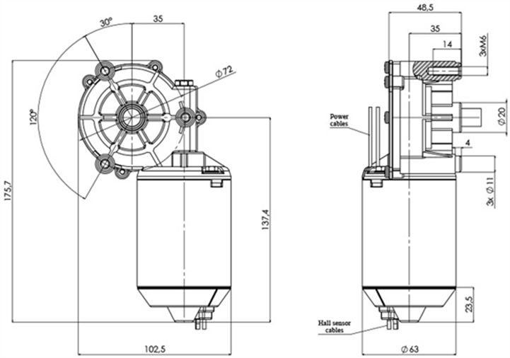 Technische Zeichnung GML-63-35-Z1-A-H DC-Getriebemotor Durchmesser 63 Radstand 35 - Elvi