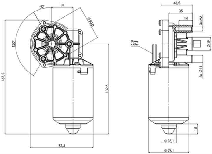 Technische Zeichnung GMR-59-31-Z3 DC-Getriebemotoren Durchmesser 59 Radstand 31 - Elvi