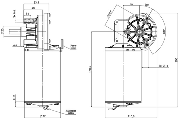 Technische Zeichnung GMR-77-35-Z2-H DC-Getriebemotor Durchmesser 77 Radstand 35 -Elvi
