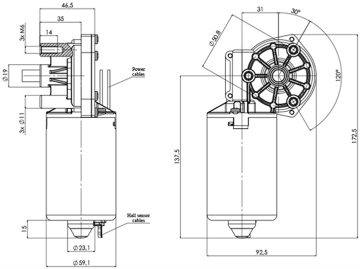 Technische Zeichnung GMR-59-31-Z4-H DC-Getriebemotoren Durchmesser 59 Radstand 31 - Elvi