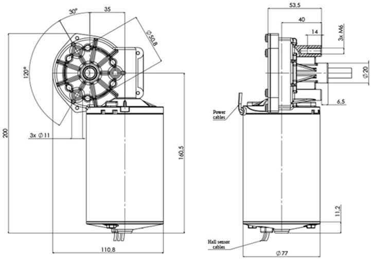 Technische Zeichnung GML-77-35-Z3-H DC-Getriebemotor Durchmesser 77 Radstand 35 -Elvi