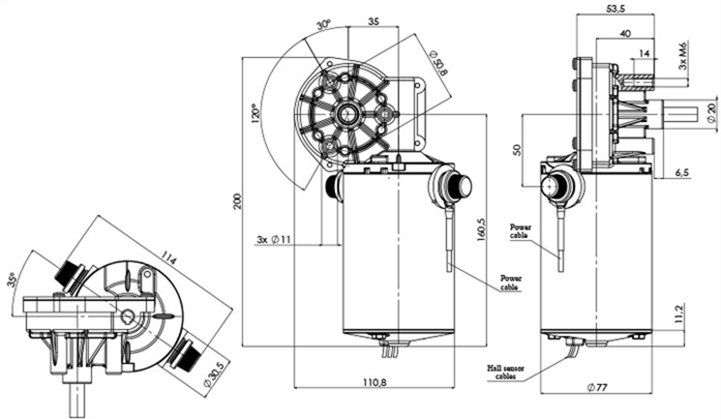 Technische Zeichnung GML-77-35-Z1-X-H DC-Getriebemotor Durchmesser 77 Radstand 35 -Elvi
