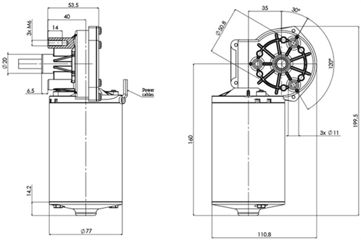 Technische Zeichnung GMR-77-35-Z2 DC-Getriebemotor Durchmesser 77 Radstand 35 -Elvi