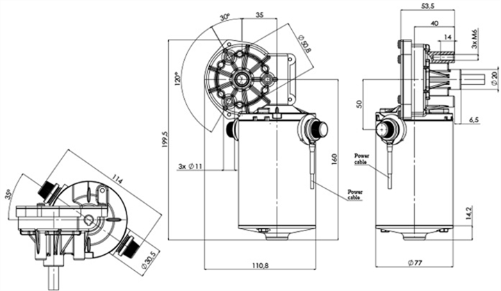 Technische Zeichnung GML-77-35-Z3-X DC-Getriebemotor Durchmesser 77 Radstand 35 -Elvi