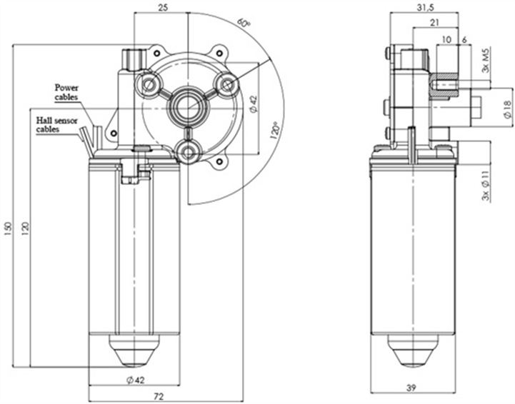 Technische Zeichnung GMR-42-25-Z3-H DC-Getriebemotoren Durchmesser 42 Radstand 25 - Elvi