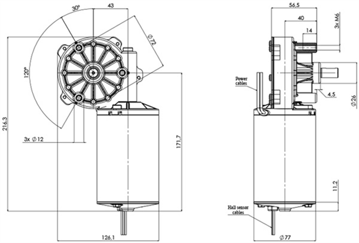 Technische Zeichnung GML-77-43-Z3-H DC-Getriebemotoren Durchmesser 77 - Radstand 43 - Elvi