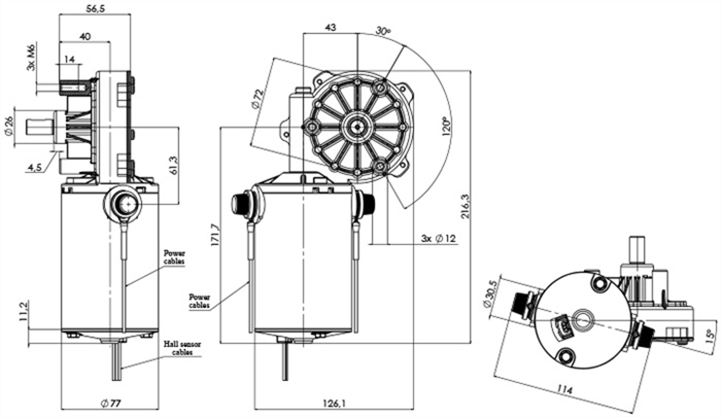 Technische Zeichnung GMR-77-43-Z1-B-X-H Getriebemotoren DC Durchmesser 77 - Radstand 43 - Elvi