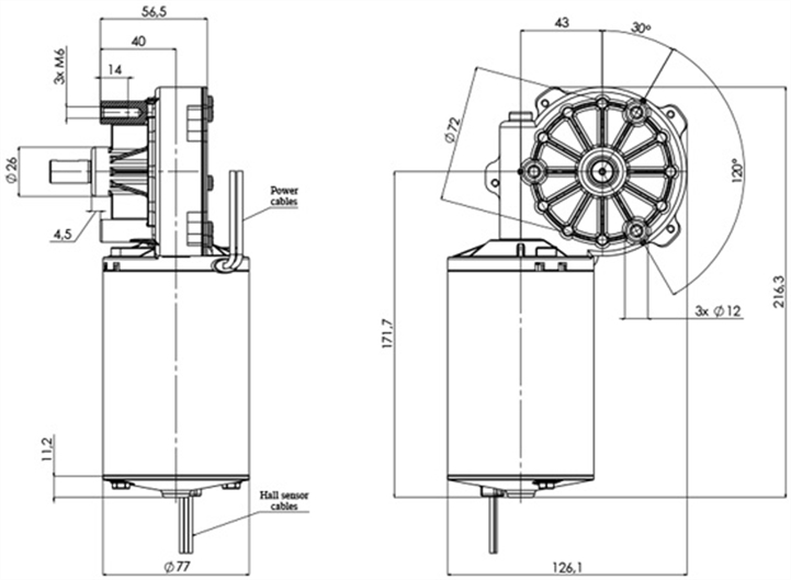 Technische Zeichnung GMR-77-43-Z1-A-H DC-Getriebemotoren Durchmesser 77 - Radstand 43 - Elvi