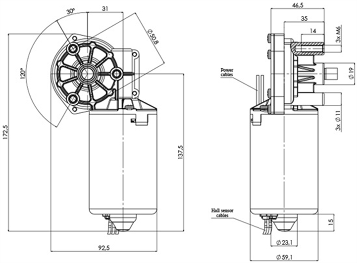 Technische Zeichnung GML-59-31-Z1-H DC-Getriebemotoren Durchmesser 59 Radstand 31 - Elvi