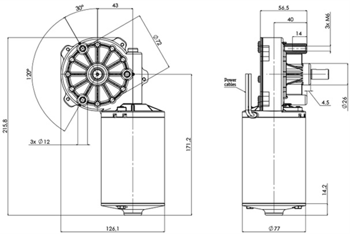 Technische Zeichnung GML-77-43-Z3 DC-Getriebemotoren Durchmesser 77 - Radstand 43 - Elvi